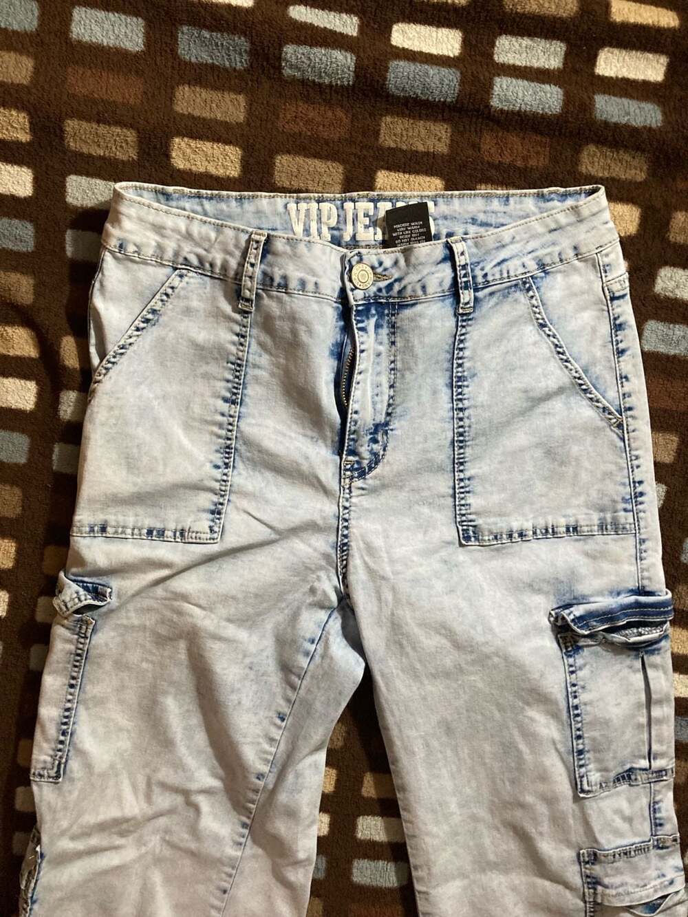 V.I.P. Jeans High Waisted Acid Wash Multi-Pocket Cargo Wide Leg Jeans - Picture 7 of 13